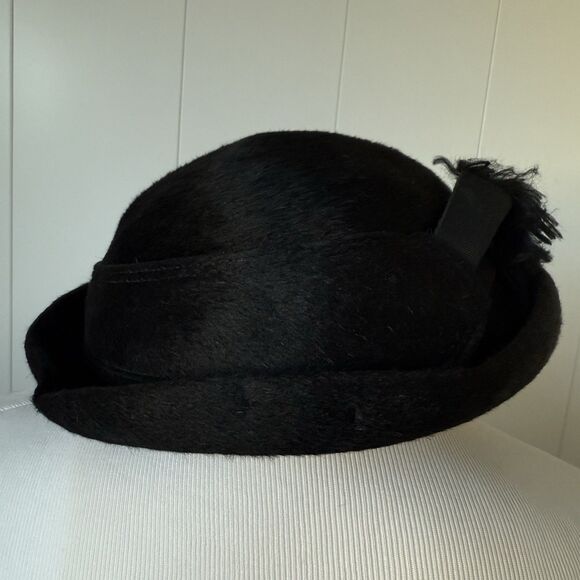 VTG 40s 50s I. Magnin Small Half Hat Derby Fedora Italy Retro Black Tassel Scarf - Picture 6 of 13